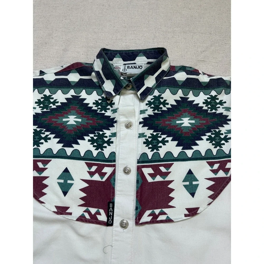 Vintage Banjo Southwestern Western Shirt Men's M White Aztec Snap Front USA Made